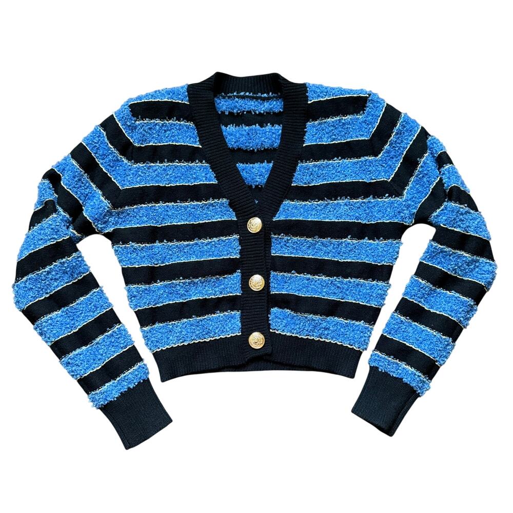 Cider Blue Black Striped Cropped Cardigan Gold Buttons Women’s Medium